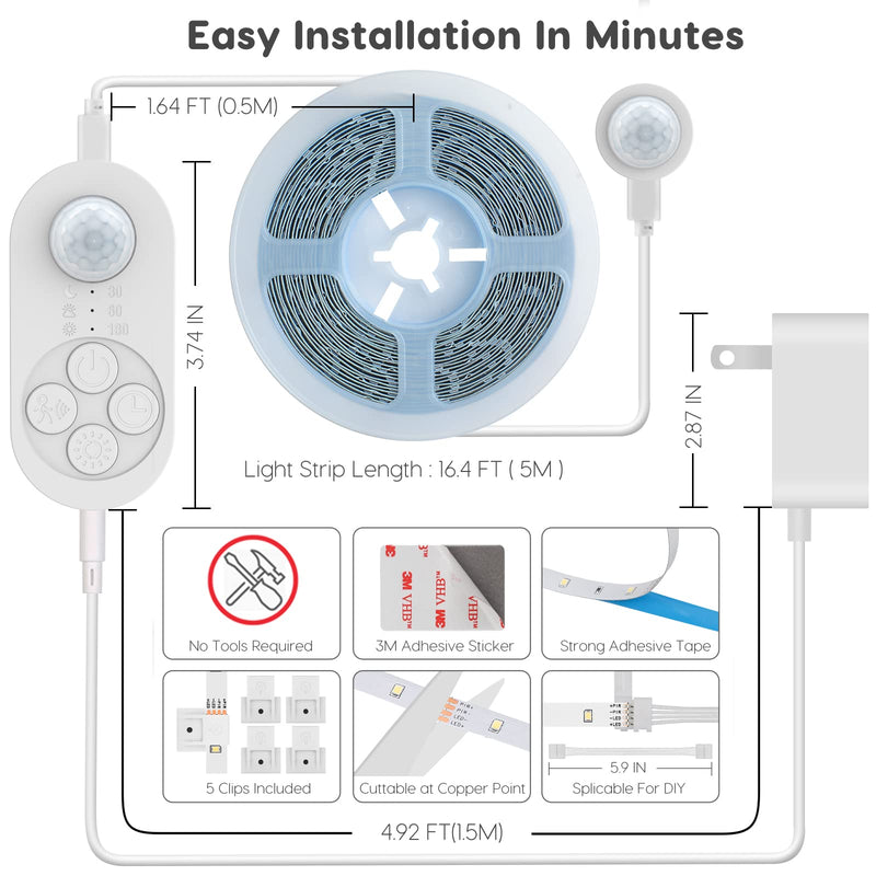 Dual Motion Sensor Light Indoor, Plug-in Motion Activated Step Light Strip with Double Motion Sensor, Dimmer, Delay Timer for Stairway, Double Bed, Corridor, Cold White 6000K, 16.4FT, 150 LEDs 16.4FT LIGHT STRIP - NewNest Australia