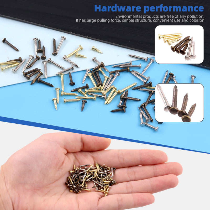 Glarks 1600Pcs Small Tiny Nails Kit Wooden Screw Nail Gold Silver Bronze 1x6mm, 1x8mm 1x10mm Mini Nails for DIY Hardware Accessories Fixed Installation