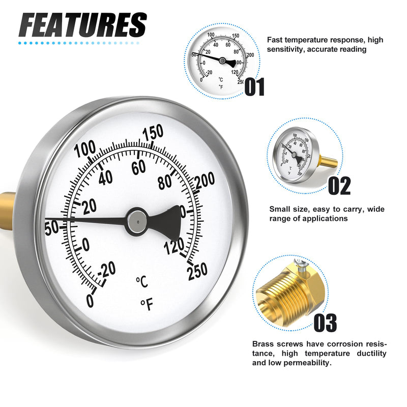 MEANLIN MEASURE 1/2" NPT Bimetal Thermometer for hot Water, boilers, and Pipes，2-1/2" Dial, 2-1/4" Lead-Free Brass Stem，Temperature Range 0-250°F/-20-120°C,Center Back Mount (Pack of 2 2.5Dial/0-250°F(2PCS)