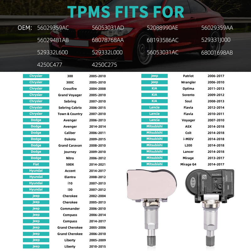 56053031AD TPMS Tire Pressure Sensor ‎for Dodge Avenger Caliber Dakota Grand Caravan, Chrysler 300 300C Crossfire, Jeep Cherokee Commander Compass Grand Cherokee Wrangler KIA Mitsubishi Lancia
