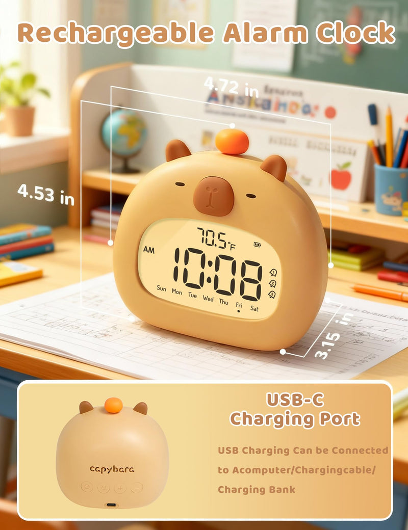 Capybara Kids Alarm Clock with Night Light, Digital Alarm Clock for Bedrooms, USB Rechargeable, 3 Alarms, Snooze, Cute Kawaii Clock for Desk & Back to School Gifts for Boys Girls Capybara