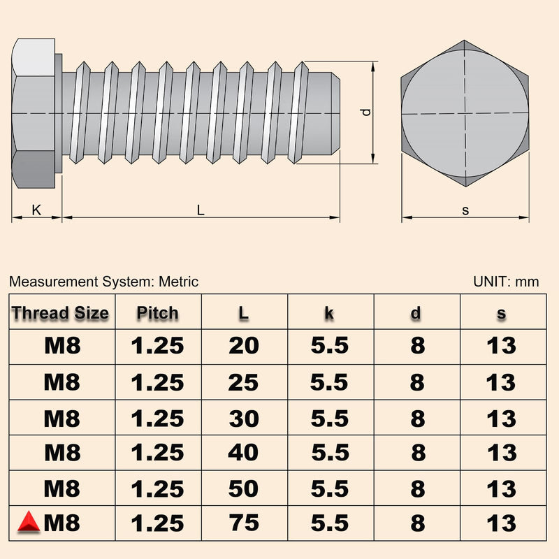 10Pcs M8 Hex Bolts M8x75mm Hex Head Bolts Stainless Steel 304 M8-1.25 Hex Bolt Fully Threaded Hex Tap Bolts Metric Hexagon Head Screw Machine Bolts Right Hand External Hex Drive M8*75mm