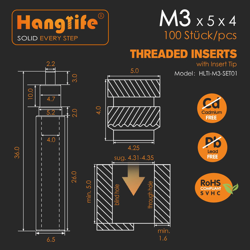M3 Heat-Set Threaded Inserts with Insert Tip, Heat Set Insert for 3D Printing Components and Plastic Parts with Soldering Iron Press Tool - Brass Metric Knurled Nuts (100 Pieces) M3 x D5 x L4(100pcs)