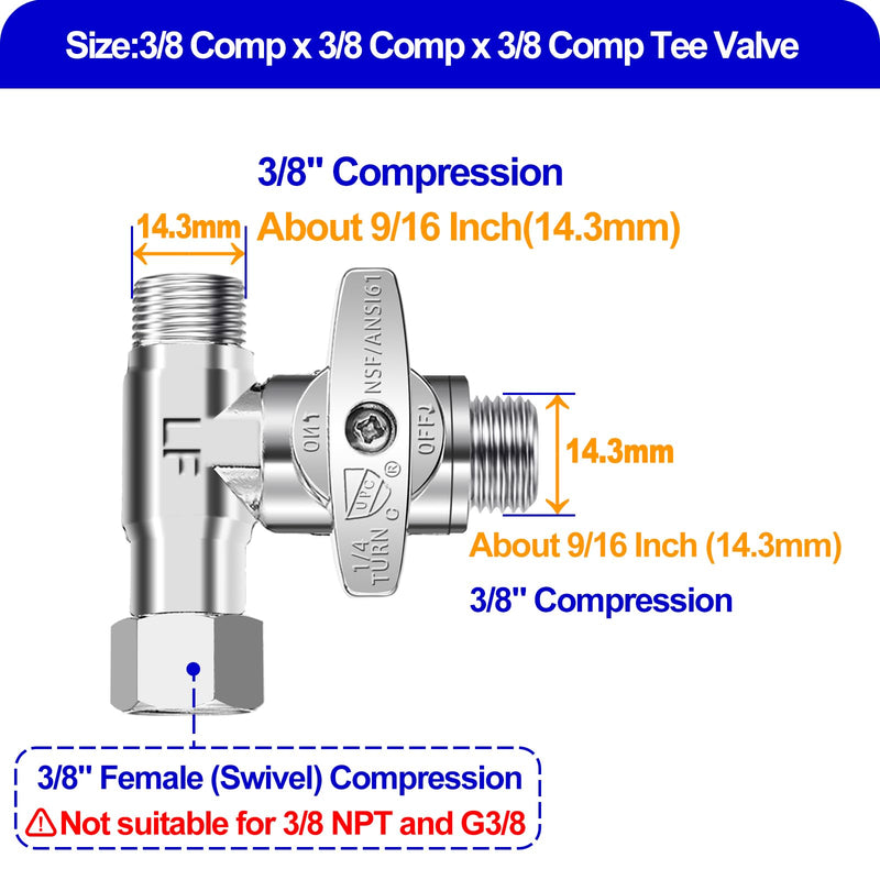 Tee Stop Valve - Lead-Free Add-A-Tee Valve 3/8 Inch x 3/8 Inch x 3/8 Inch,1/4 Turn Brass Extender Tee Connector with Built-in Sealing Gasket for Faucet,Glass Rinser,Dishwasher,Washing Machine 3/8 Comp-3/8 Comp-3/8 Comp Tee Valve