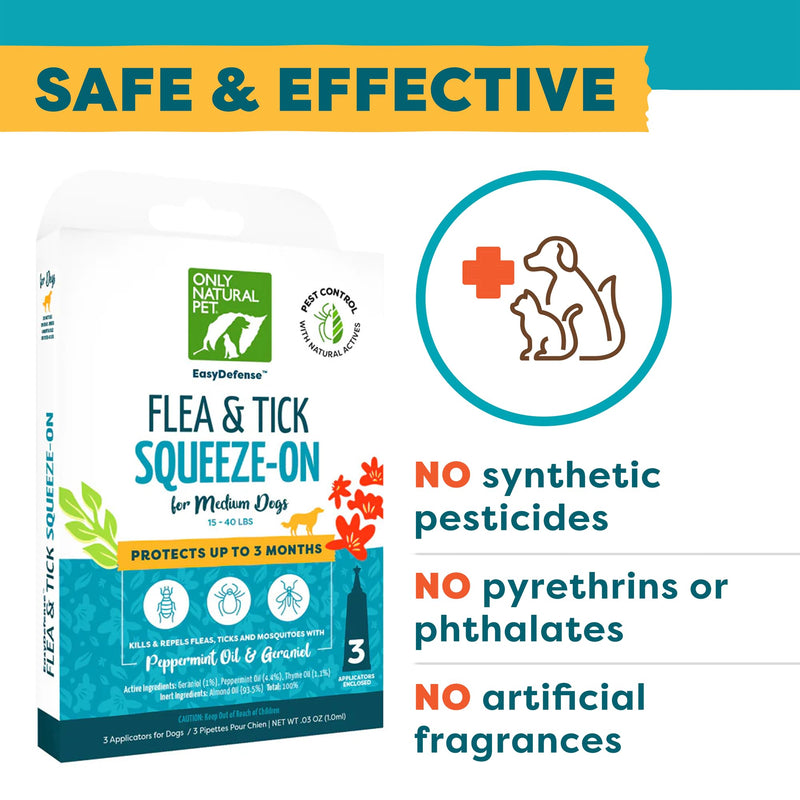 Only Natural Pet EasyDefense Flea & Tick Prevention for Medium Breed Dogs (15 to 40 lbs) - Natural Herbal Control, Squeeze-On Drops - Protects up to 3 Months (M Sqz)