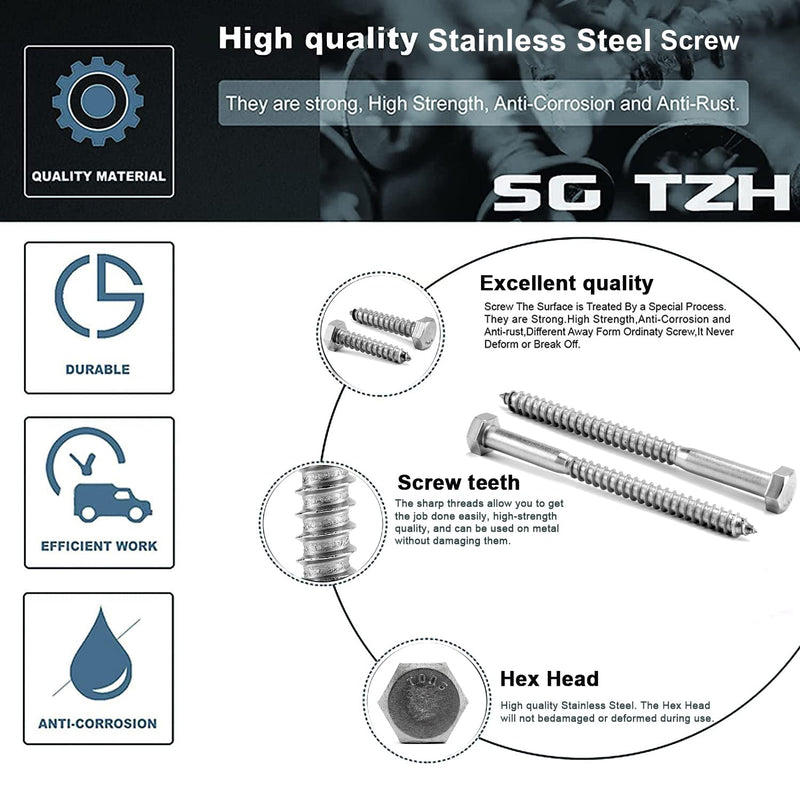 5/16" x 2" Hex Head Lag Screws Bolts 20Pcs 304 Stainless Steel 18-8, Partial Thread, Hexagon Head Wood Screws by SG TZH 20 5/16-18 x 2"