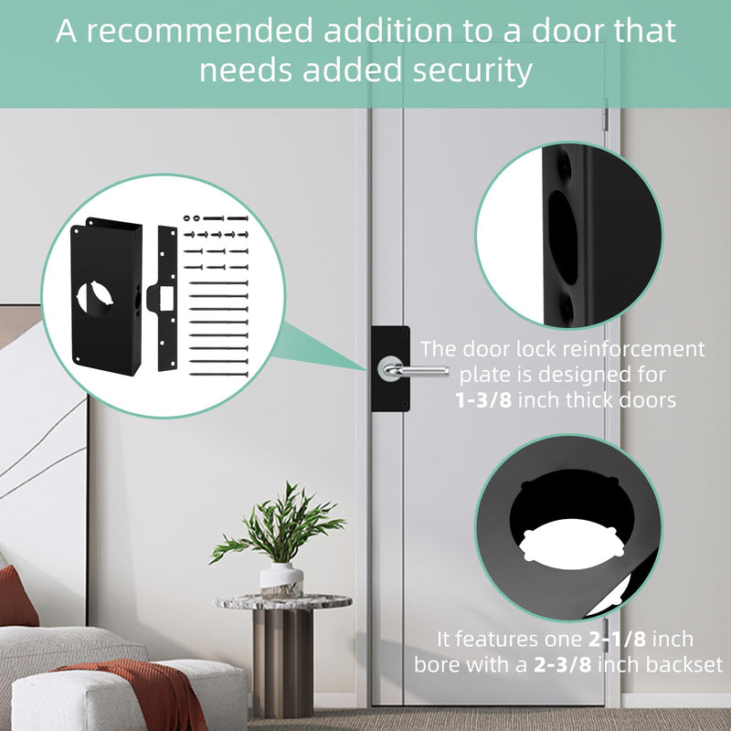 Door Lock Reinforcement Plate U 9585 1-3/8 inch x 9 inch Thick Stainless Steel and U 9476 Maximum Security Latch Strike (1-1/4 in. x 7-7/8 in.) Black