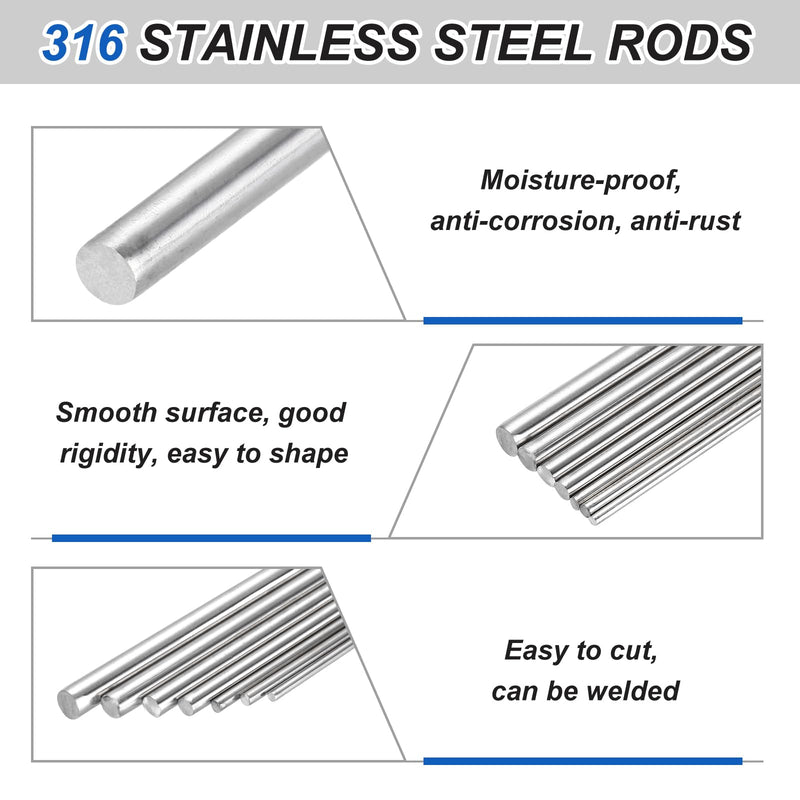 MECCANIXITY 4Pcs 316 Stainless Steel Round Rod 1/4" Dia 19.7" Length Metal Solid Shaft Rods Corrosion Resistant Round Steel Bars Stock for Industrial DIY Project, 7mm x 500mm, Silver 4