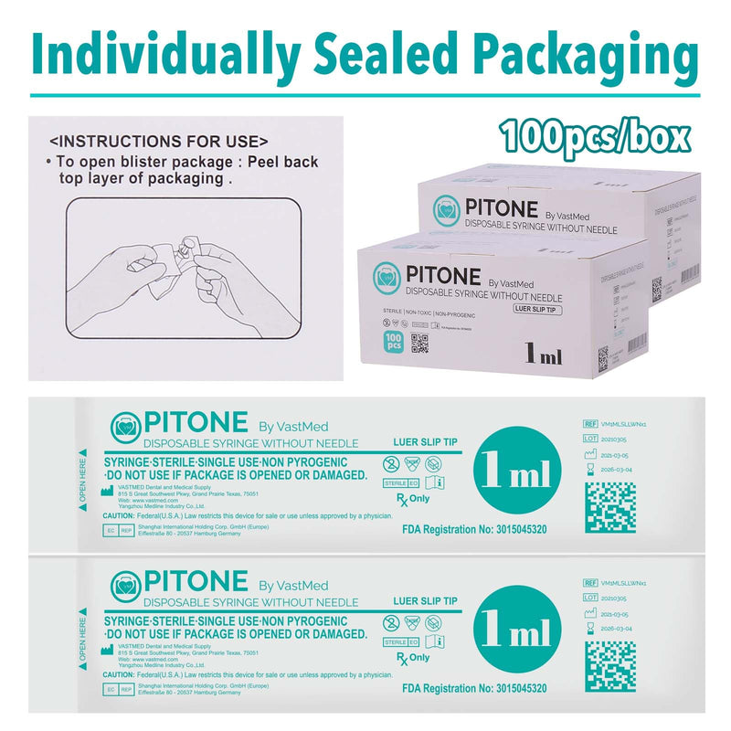 100PCs Dental Grade 1ml Without Needle Disposable Luer Slip Tip Sterile Size by VASTMED | Individually Sealed for Industrial, Scientific, Measuring 1 ML (100 PCs)