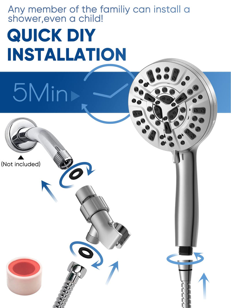 Pavezo® High Pressure Shower Head Handheld 5" Large, Extra Long 60" SS Hose 10-mode Portable Detachable Shower Head with Hard Water Filter for Bathroom, Anti-clog & Powerful to Clean Tile & Pets Chrome