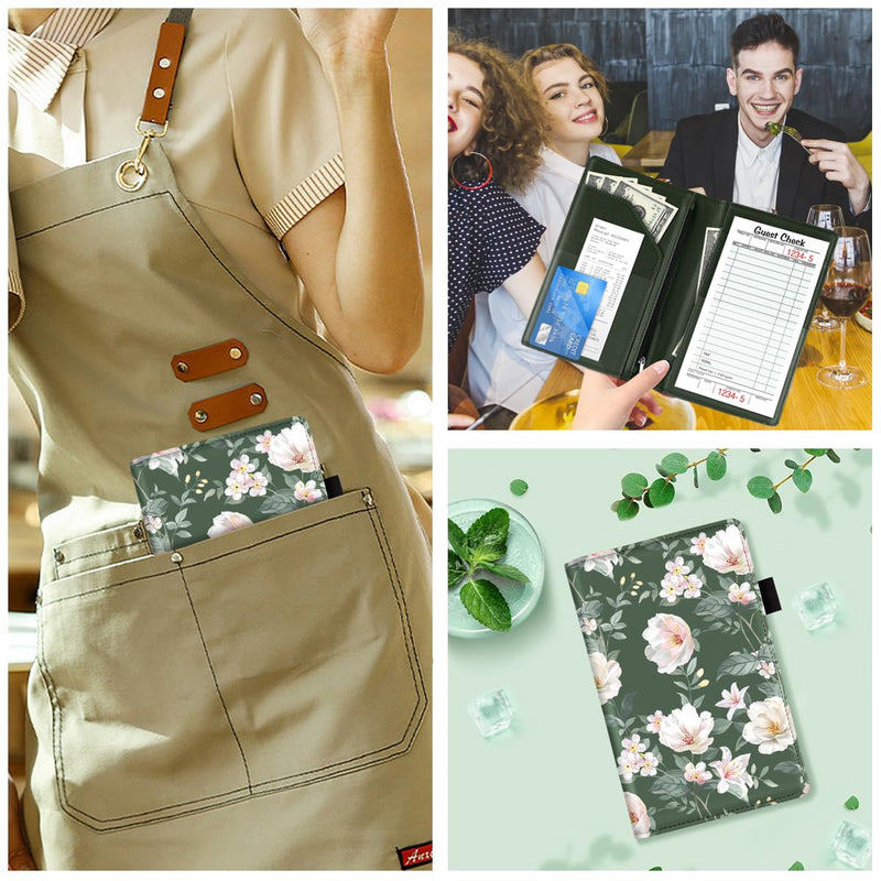 WAVEYU Cute Server Books for Waitress Waiter, Leather Guest Book Note Pad with Zipper, Money Organizer Wallet, Cash Check Bill Receipt Holder Presenter, 8x5 inch, Green Flower