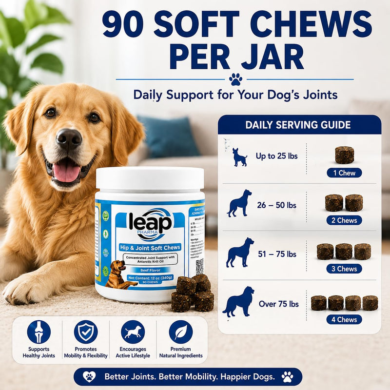Dogs Suplements Hip & Joint - Krill Oil and Glucosamine Soft Chews, Joint Supplement for Dogs with Krill Oil,Glucosamine, Chondroitin, MSM, Turmeric, Anti Inflammatory, Mobility (Beef 90ct)