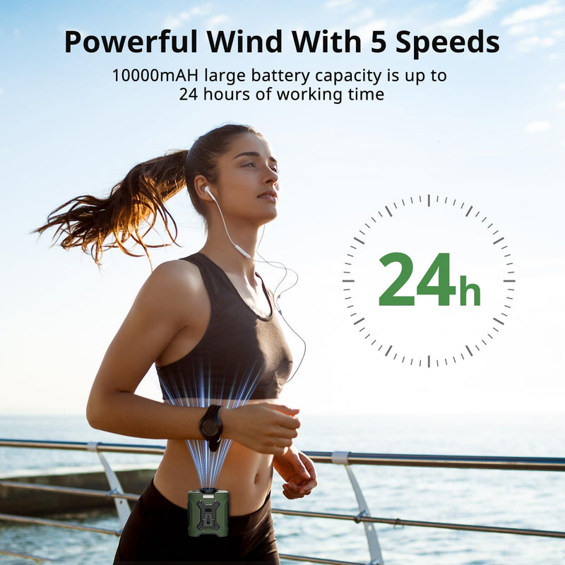 Portable Waist Fan 10000mAh Portable Waist Fan 18000RPM Neck Fan With Max 12H Working Time 5 Speeds adjustment with LED flashlight and Charging display Cooling for Outdoor Jobsite and etc(Green) Green