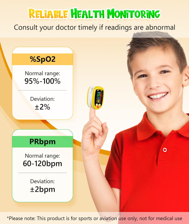 Pediatric Pulse Oximeter, Rechargeable Oximeter for Kids, Baby Oxygen Monitor, Blood Oxygen Saturation, Pulse Rate Monitor, Cute Cartoon Design, USB-C Charging (Yellow)
