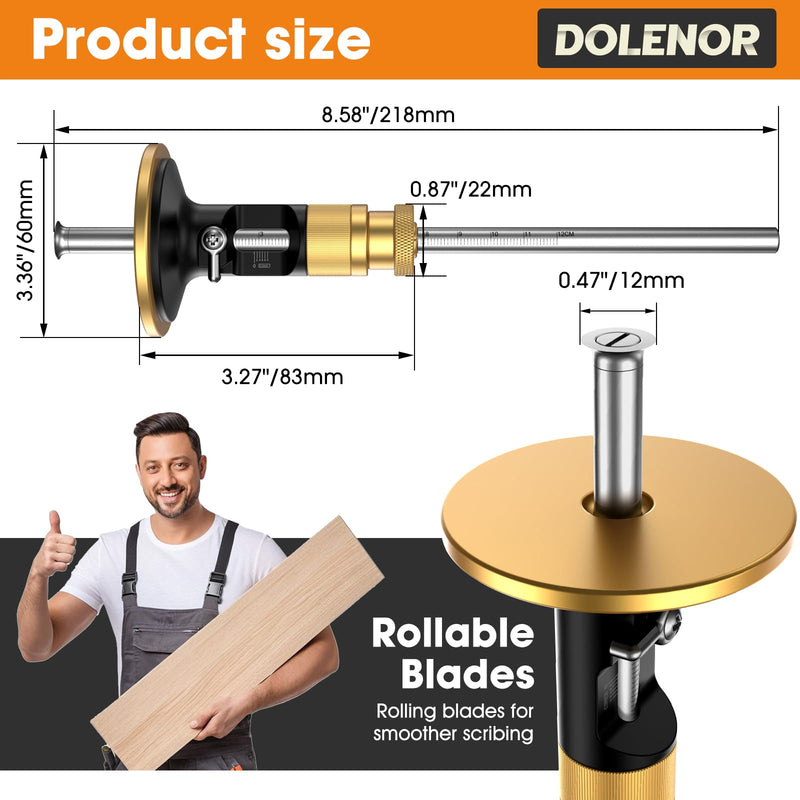 Wheel Marking Gauge Knife Woodworking, Scribe Tool Woodworking, Adjustable 0-12cm, Aluminum & Brass Options, for Parallel Lines, Dovetail Joints & Professional Carpentry (Brass with Fine Adjustment)