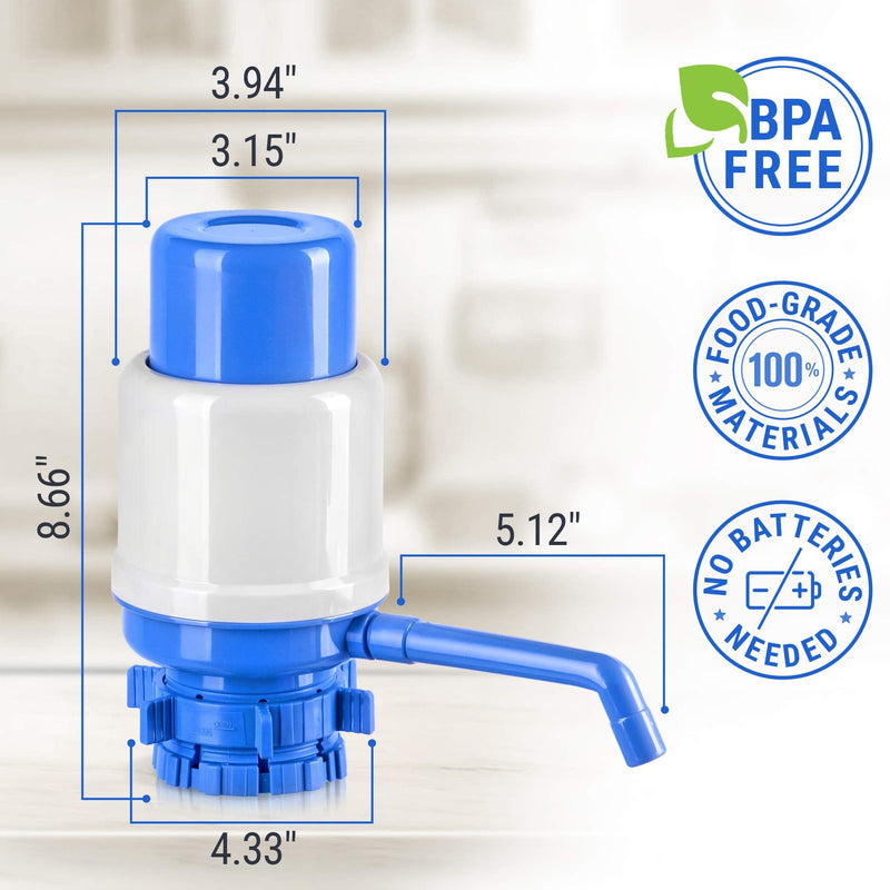 Manual Water Pump for 5 Gallon Bottle – Secure Fit on Crown Top Jugs - Adjustable Tube Length, Protective Spout Cap, Cleaning Brush, BPA-Free Food-Grade Material – 5 Gallon Water Pump
