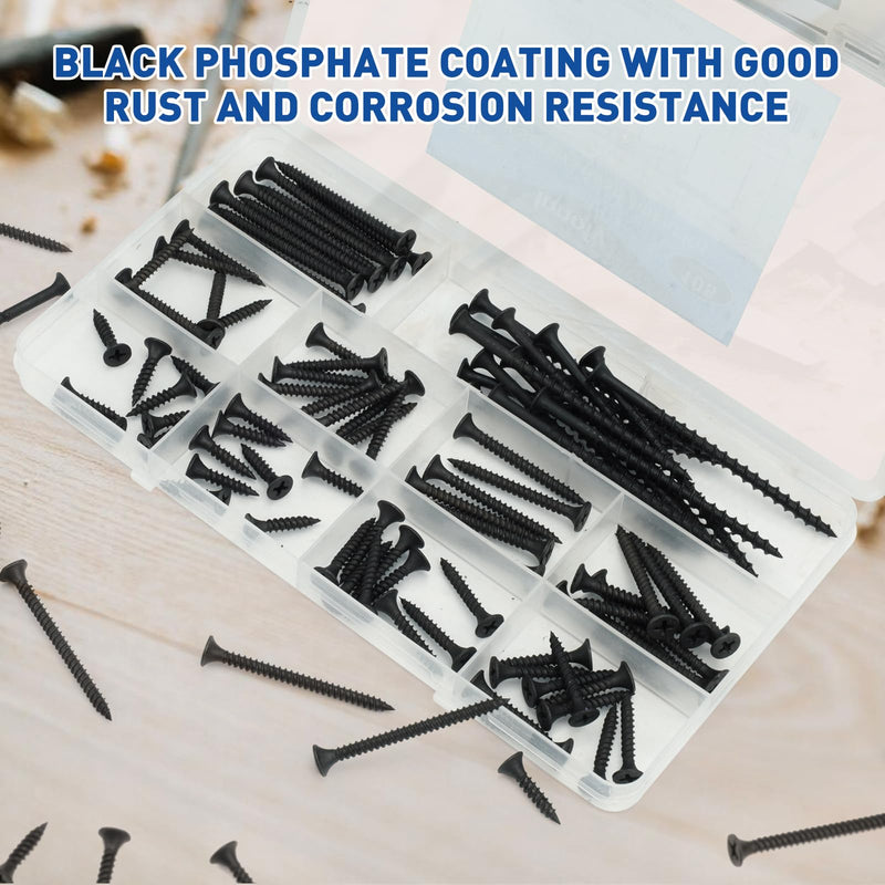 Drywall Screws Assortment Kit, Wood Screws for Drywall,108 PCS Coarse Thread, Phillips Drive Screws Set, Self Tapping Dry Wall Screws Assortment, 6 Sizes(3”,2”,1-1/2”,1-1/4”,1”,3/4”) (Black) Black