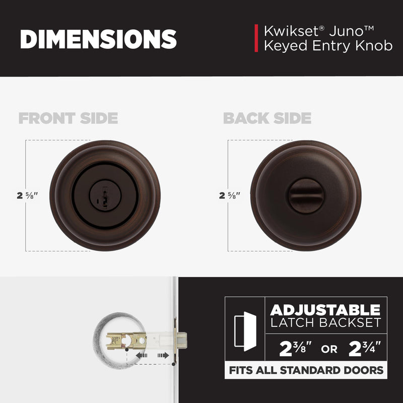 Kwikset Juno Entry Door Knob with Lock and Key, Secure Keyed Handle Exterior, Front Entrance and Bedroom, Venetian Bronze, Pick Resistant SmartKey Rekey Security and Microban 1 Pack Keyed Entry