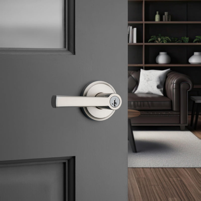 Kwikset Trafford Entry Door Handle with Lock and Key, Secure Keyed Reversible Lever Exterior, for Front Entrance and Bedrooms, Satin Nickel, Pick Resistant Smartkey Rekey Security and Microban Keyed Entry