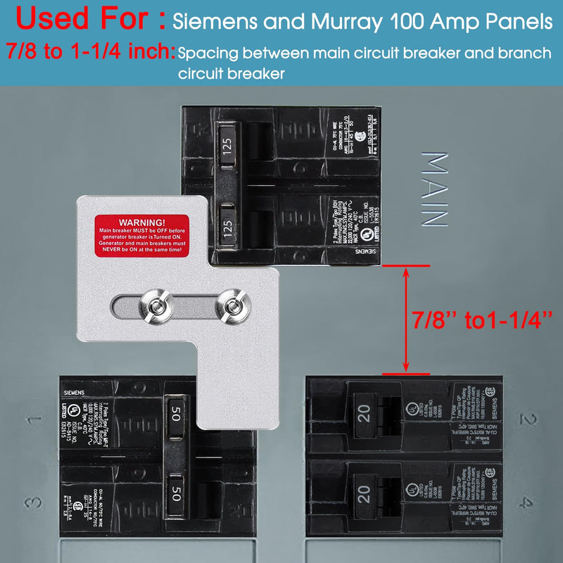 Generator Interlock Kit for Siemens 100 Amp or Murray 100 Amp Panels, Professional and Interlock Kit, 7/8-1 1/4" Spacing Between Main and Branch Breakers