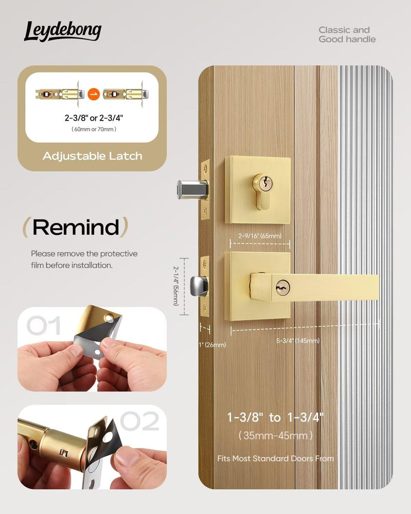 Leydebong 1 Pack Gold Entry Door Locksets with Single Cylinder Deadbolt, Front Door Lock Set, Heavy Duty Entrance Lever Door Handle Single Keyed Square Deadbolt Lock Single Cylinder Deadbolt Lockset - Keyed Alike Satin Brass
