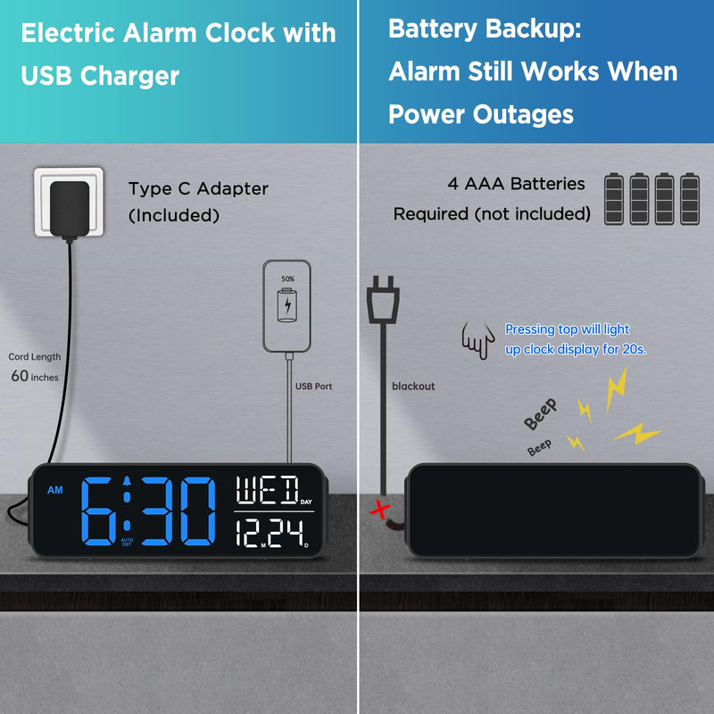 Peakeep Large Display Digital Alarm Clock for Bedrooms, Date Day of Week Calendar Desk Table Clocks for Living Room Office, Dimmable Plug in Electric Clock, 5 Volumes, Loud, Auto DST Blue and White