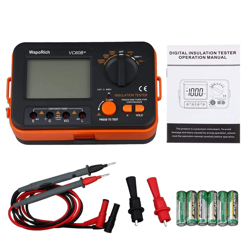 Megohmmeter Insulation Resistance Tester, 1999 Counts Megaohm Meter 200MΩ~2K Megohm Megger with DC250/500/1000V AC750V Testing Voltage, Digital Multimeter Measure with Data Hold Backlit RQ-US-T6-VC60B