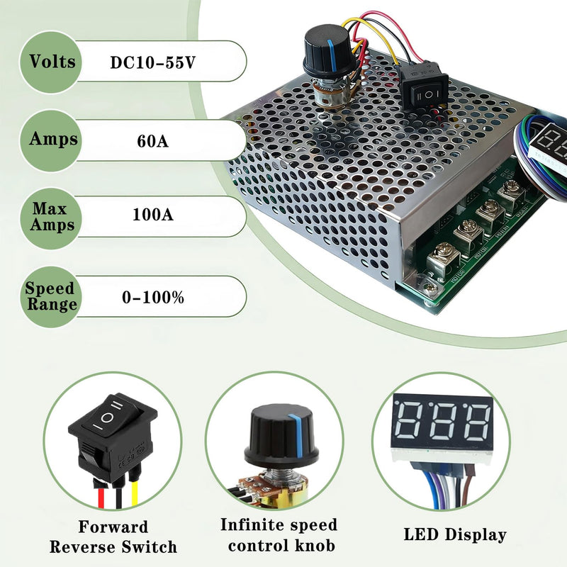 60A PWM DC Motor Speed Controller,12V/24V/36V/48V LED Display Stepless Speed Control with Forward-Brake-Reverse Switch & Adjustable Potentiometer for Brushed Motors (with Shell) 60A