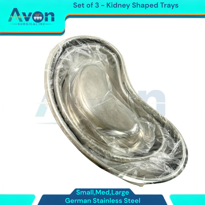 Set of 3 - Kidney Trays Small, Medium, Large - Kidney Shaped Emesis Basin, Dental Lab Instrument Trays, Reusable Metal Kidney Dish, for Soiled Dressings, Instruments, Supplies