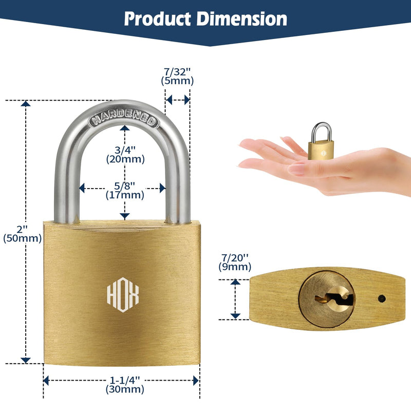 HOX 6-Pack Keyed Padlock, Waterproof and Rustproof, Solid Brass Lock with 1-1/4" Wide Body, Padlock with Keys for Storage Unit, Sheds, Garages and Fence 6 Pack