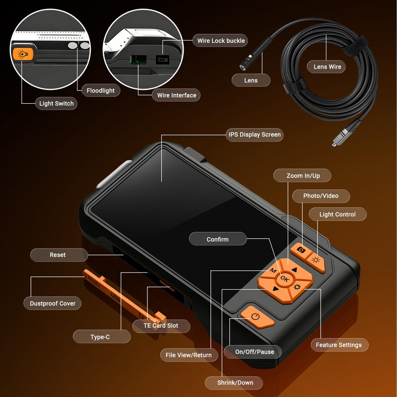 Dual Lens Endoscope Camera with Light, 1080P HD Borescope with 5" IPS Screen, 16.5FT Semi-Rigid Waterproof Inspection Camera, Snake Camera with Light & 32GB Card for Mechanic Tools & Plumbing