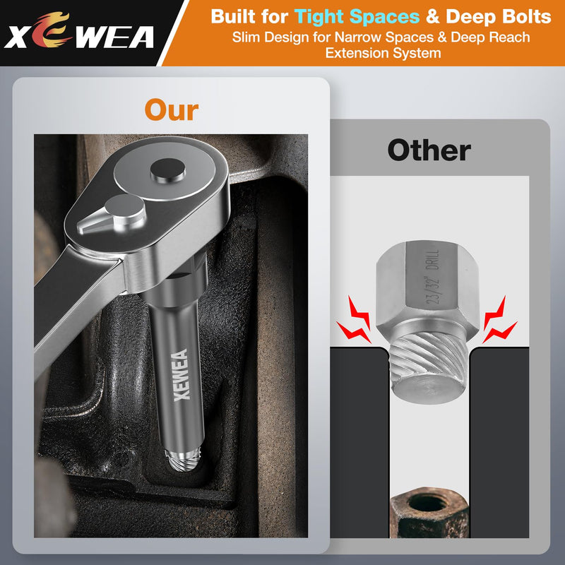XEWEA 15PCS Bolt Screw Extractor Set, Upgrade Long Slim CR-MO Multi Spline Easy Out remover Tool Kit, 1/4" Hex Reach Design for Tight & Deep Spaces, Removes Stripped, Broken, Rusted, Rounded Studs