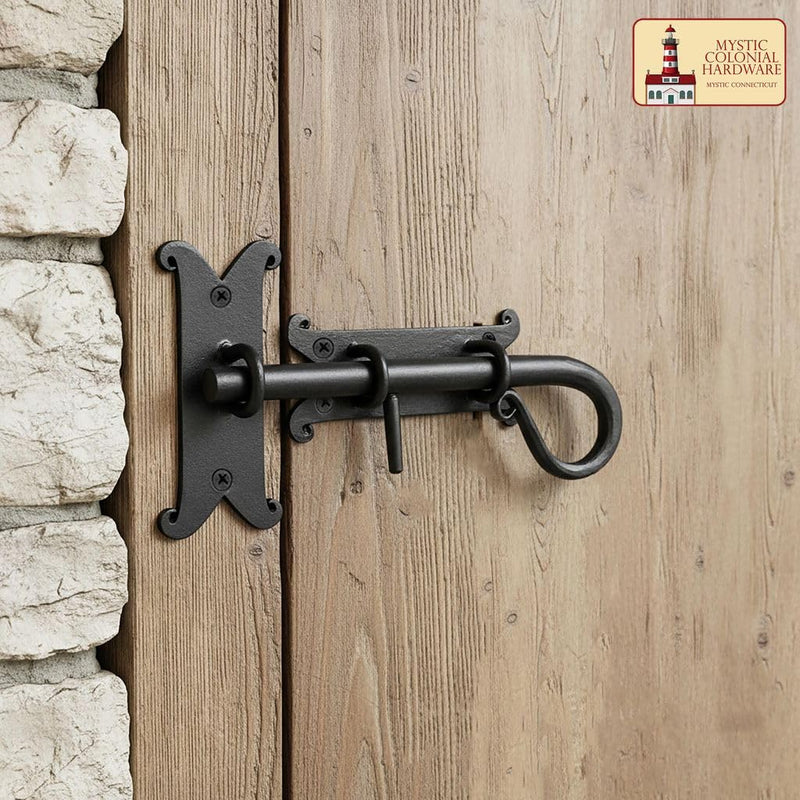 Medieval Hand-Forged Iron Surface Bolt Latch – 1 Pc Flush Mount Sliding Pin Lock | (3 in × 8 in) Rustic Curled Tail Design, Black Finish for Doors, Gates, Cabinets & Shutters 199-8