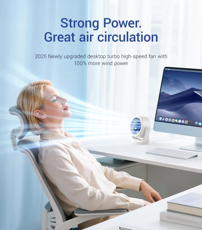 Diveblues USB Desk Turbo Fan, Ultra-Quiet Mini Desk Fan, Powerful Wind, LED Display, 5 Speed, 360° Rotating Small Portable Fan for Home, Office and Outdoor Cool Tech Gadgets - TurboBreeze Snow white