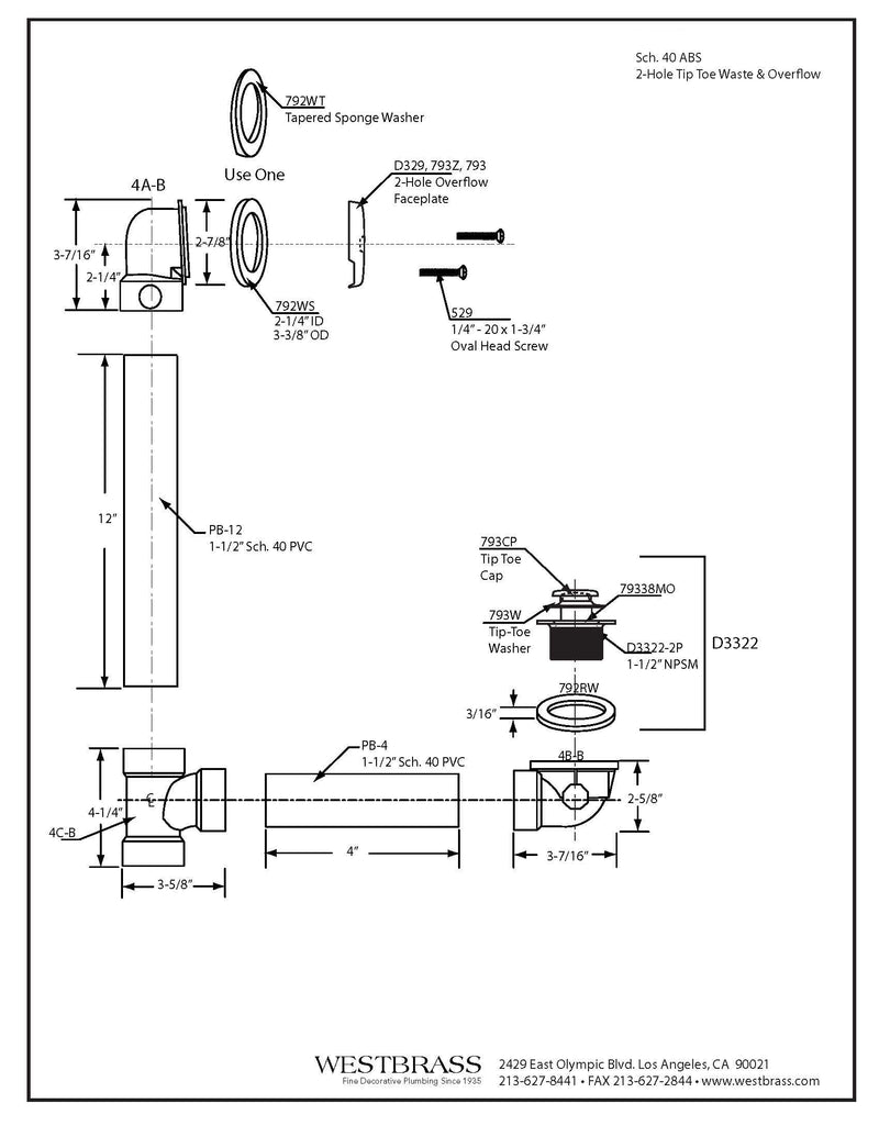 Westbrass A4931-62 1-1/2" x 12" Bath Waste & Overflow Assembly with Tip-Toe Drain Plug and 2-Hole Faceplate - Sch. 40 ABS Pipe, Matte Black