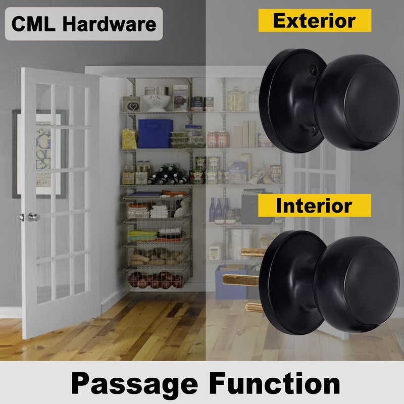 CML Hardware (4 Pack) Passage Door Knob, Matte Black Interior Door Lock Set for Hallway or Closet, No Locking, Round Ball Handle 4 Pack Passage Knob