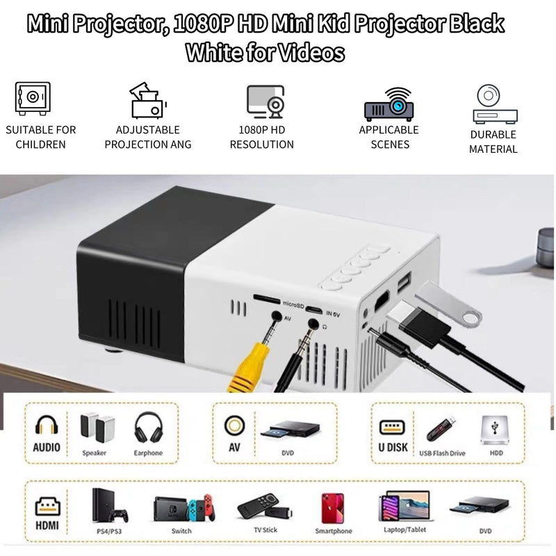 Mini Projector proyector 1080P HD Mini Kid Projector Black White proyector for Videos Projectors