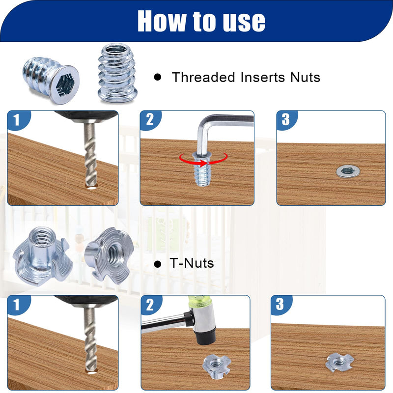Taiss 140PCS 1/4-20 Threaded Inserts for Wood,T Nuts,1/4-20x 1", 1-1/4" Bolts Button Head Socket Cap Screws Fully Threaded and 1/4-20 Washers with Hex Wrench F-116-140PCS