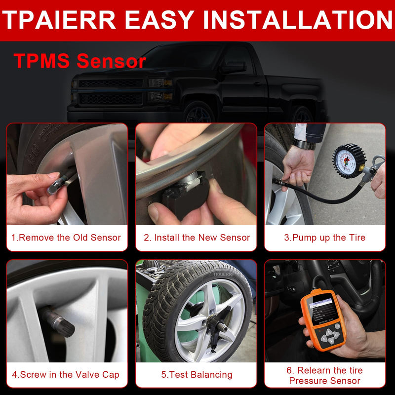5Pcs TPMS Sensor with Relearn Tool, 315Mhz OE 13598771 13598772 13586335 13581558 EL-50448 Tire Pressure Monitoring System Compatible with Chevrolet/Chevy/Silverado/GMC/Buick/Cadillac (Black) Black