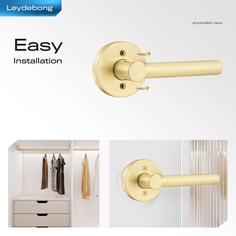 Leydebong 2 Pack Gold Dummy Door Handles, Non-Turning Interior Door Levers, Heavy Duty Reversible Indoor Handles for Closet Pantry