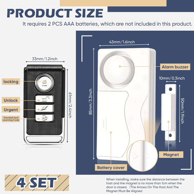 Wireless Door Alarm with Remote Door Window Alarm Sensors 105 Db Loud Door Open Door Security Alert Peel and Stick Pool Door Alert for Kids Alzheimers Safety Home, White