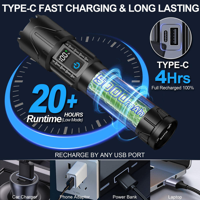 Banral Rechargeable Tactical Flashlights 2000 High Lumens - 5000mAh Super Bright LED Powerful Flash Light, Waterproof Handheld USB C Flashlight for Home,Car,Camping,Emergencies,5 Modes (1, Black) 1