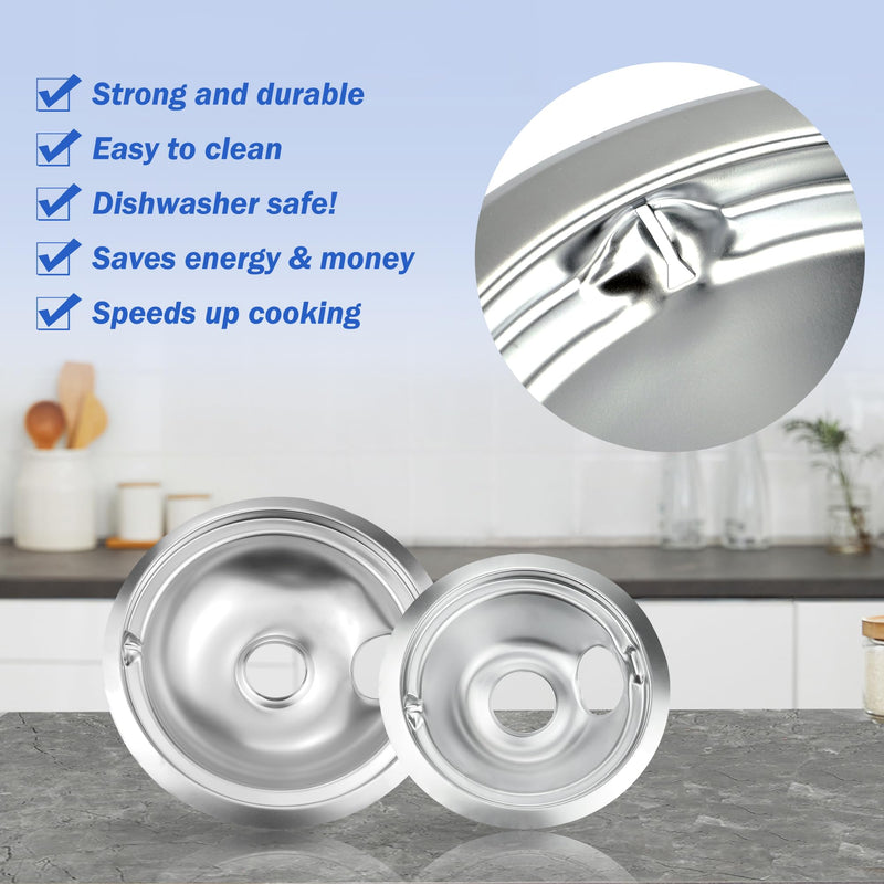 Chrome Range Drip Pans compatible with GE, Hotpoint and Kenmore Electric Stove - Replacement for WB31T10010, WB31T10011 (4 Pack, 2pcs 6" and 2pcs 8") for GE(2x6" and 2x8")