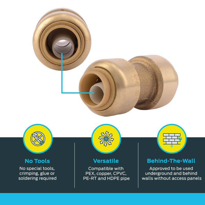 SharkBite 3/8 inch Coupling, Pack of 6, Push to Connect Brass Plumbing Fitting, PEX Pipe, Copper, CPVC, PE-RT, HDPE, U006LF 3/8 in., 6 Pack