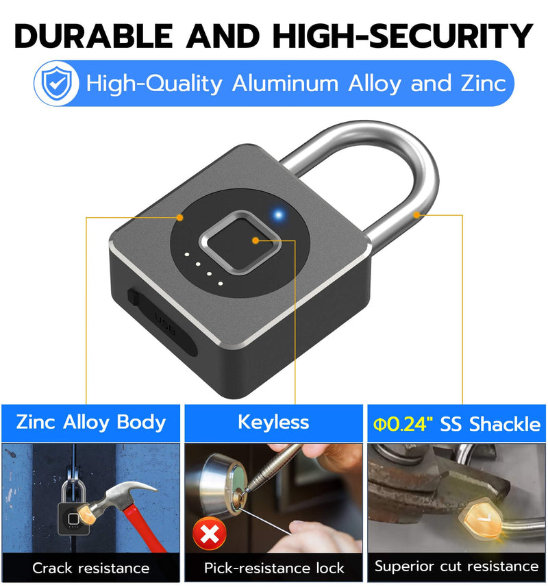 eLinkSmart Fingerprint Gym Locker Lock, Keyless Biometric Padlock, Weatherproof Electronic Digital Bluetooth App Smart Combo Pad Lock for Outdoor Fence Gate School Locker Storage Pool Shed - Black