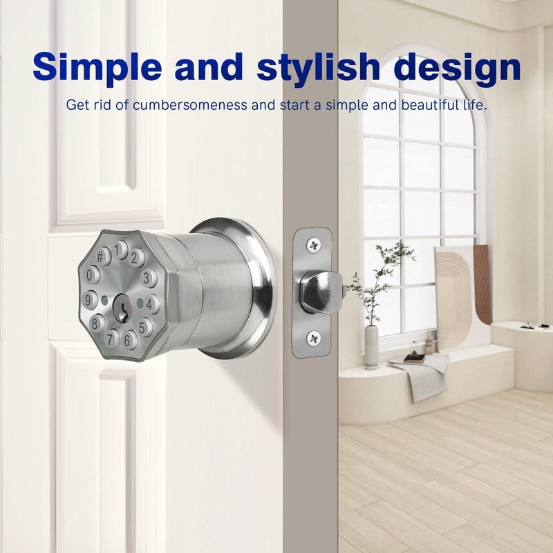 Door Knob with Keypad and Key, Keyless Entry Door Lock,Smart Digital Knob Unlock by Passcode/Keys/USB backuplock,Electronic Door Knob for Home Bedroom Apartment Garage Office Security,Brushed Nickel 1 Pack Satin Nickel