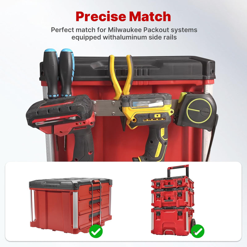 Power Drill Holder Compatible with Milwaukee Packout Toolbox, Locking Stainless Steel Tool Holder Side Mount, Hanging Tape Measure Screwdrivers Wrenches, No Drilling Organizer for Packout Accessories