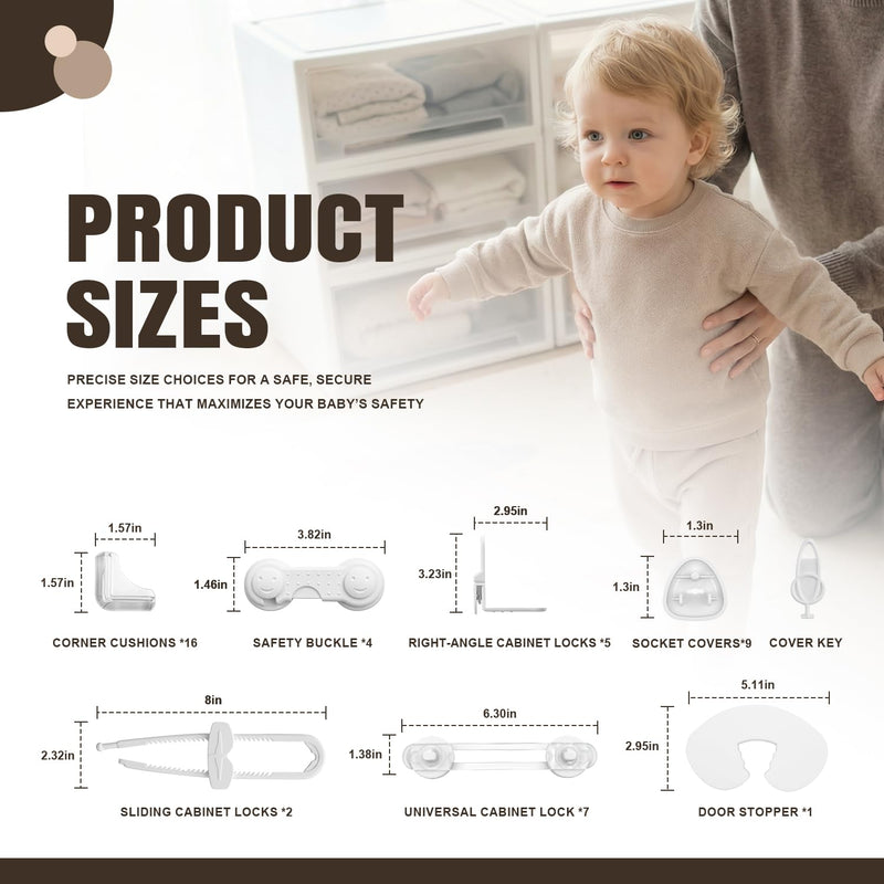 Baby Proofing Kit, 45 Pack Child Safety Pack – Cabinet & Drawer Locks, Corner Guards, Outlet Covers, Universal Safety Straps, U-Shaped Locks, Door Stopper，Keep Your Child Safe at Home