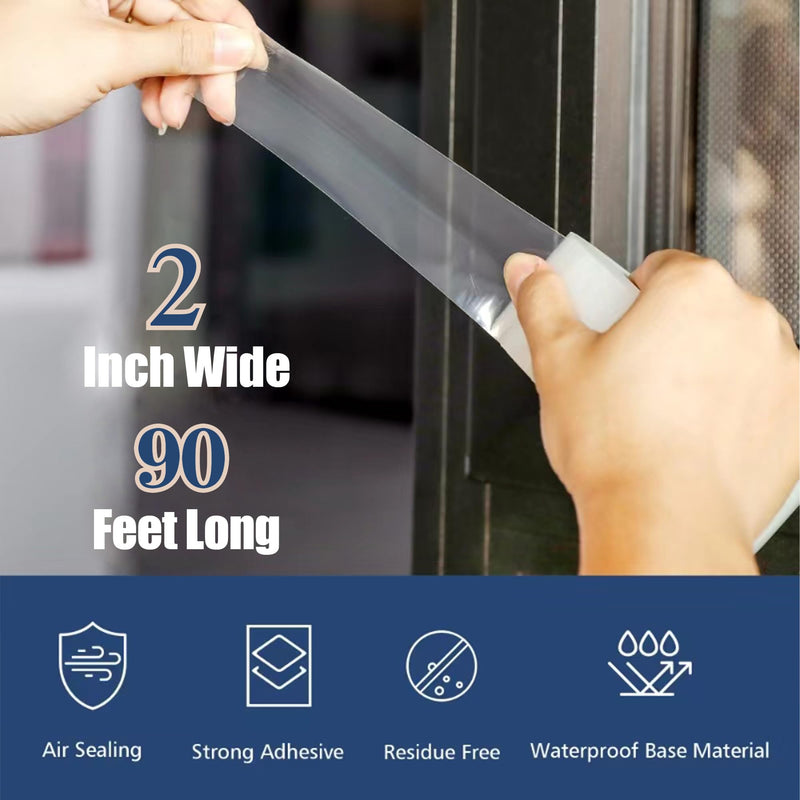 Heavy Duty Window Weather Sealing Tape - Transparent Window Tape for Winter and AC Insulation, No Mess Winter Window Seal Kit - 2 Inch Wide 90 FT Long 2IN x 90FT