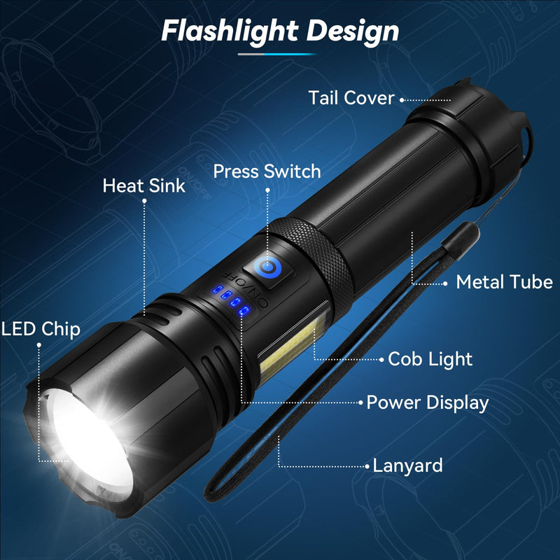 Flashlight LED Rechargeable Flashlights High Lumens, 99,000 LM Super Bright Powerful Flashlight, High Powered Flash Lights Waterproof Handheld Flashlights for Home Camping Hiking(2 Pack)